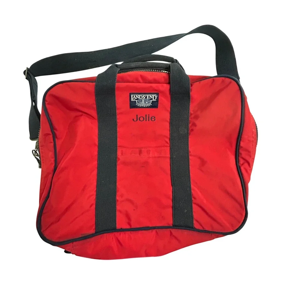 Lands' End Vintage Duffel Bag Carry-On Red Navy Blue Gorpcore Prep Made in USA